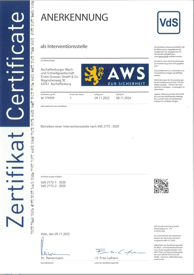 VdS-Anerkennung als Interventionsstelle der AWS Aschaffenburger Wach- und Schließgesellschaft