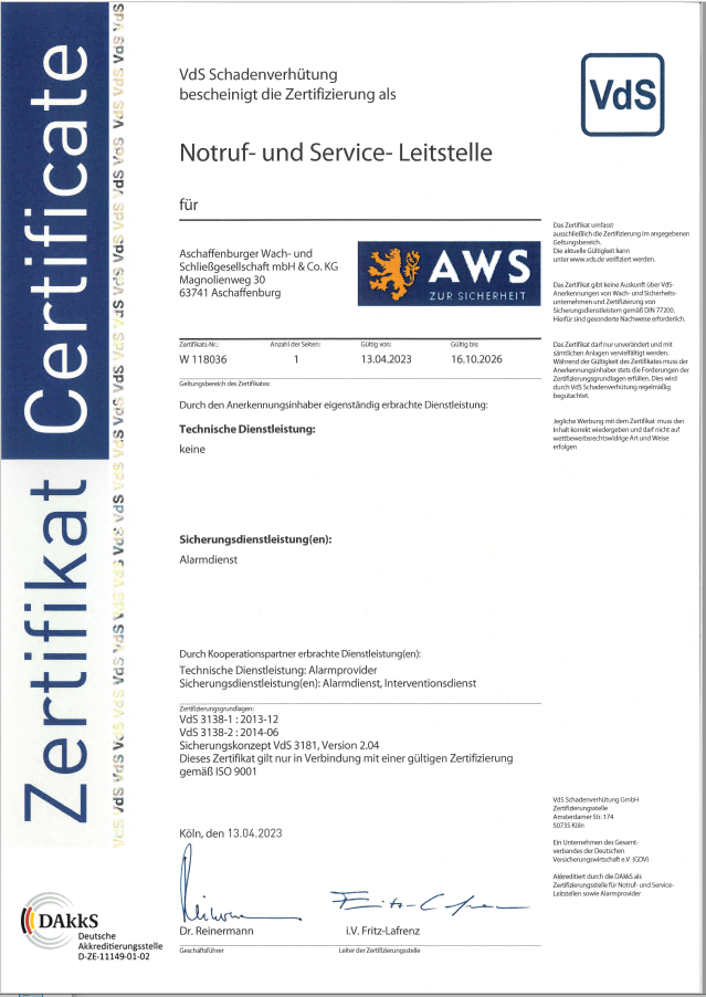 VdS-Zertifikat für die Notruf- und Serviceleitstelle der AWS Aschaffenburger Wach- und Schließgesellschaft