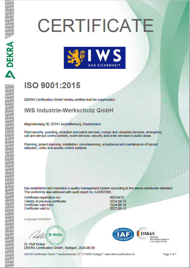 Zertifikat ISO 9001:2015 der IWS Industrie-Werkschutz GmbH, ausgestellt von DEKRA Certification
