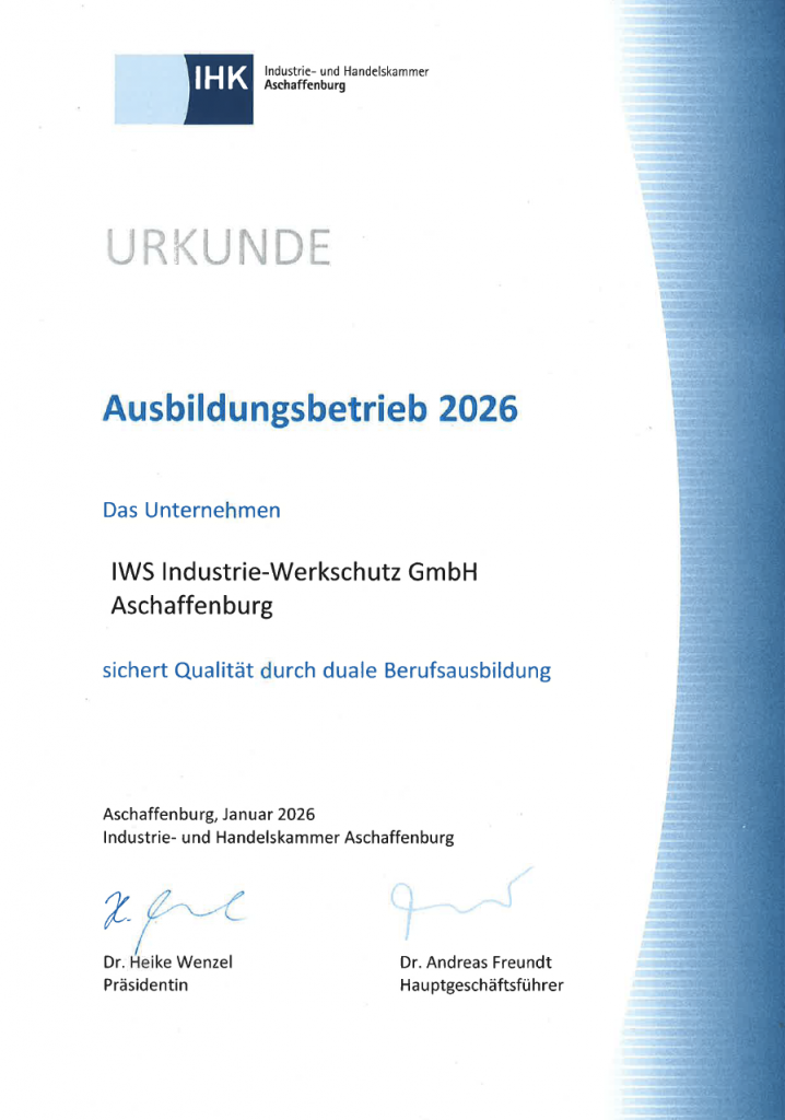 IHK-Urkunde Ausbildungsbetrieb 2026 für die IWS Industrie-Werkschutz GmbH