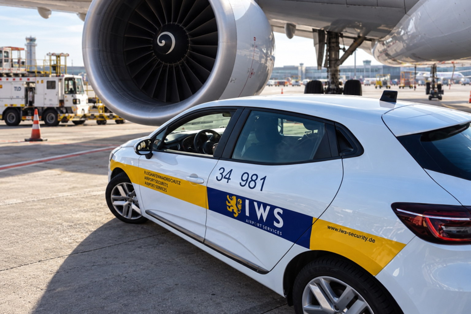 IWS-Einsatzfahrzeug auf dem Vorfeld vor dem Triebwerk eines Verkehrsflugzeugs